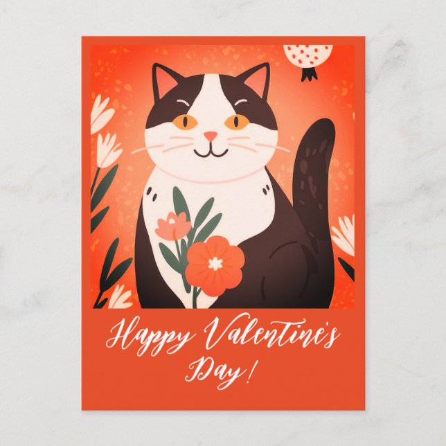 Cute Cat with Flowers Happy Valentine's Day Holiday Postcard (Front)