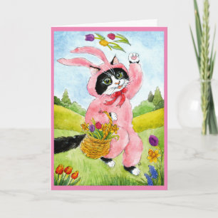Cute Cat with flowers in bunny suit card