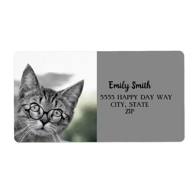 Cute Cat with Glasses Grey Address Label (Front)
