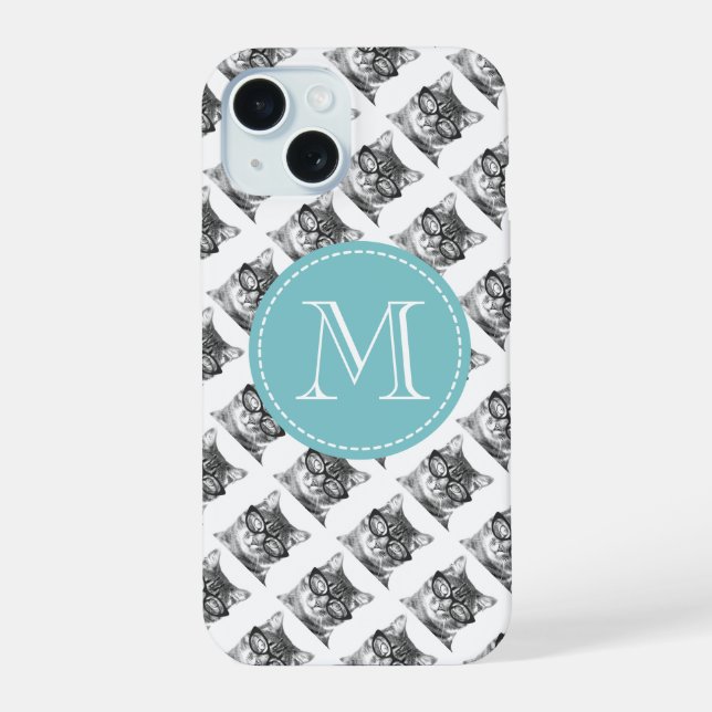 Cute cat with glasses pattern custom monogram iPhone 15 case (Back)
