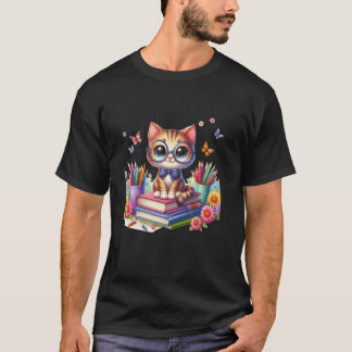 Cute Cat With Glasses Read Book National Science R T-Shirt