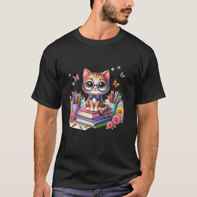 Cute Cat With Glasses Read Book National Science R T-Shirt (Front)