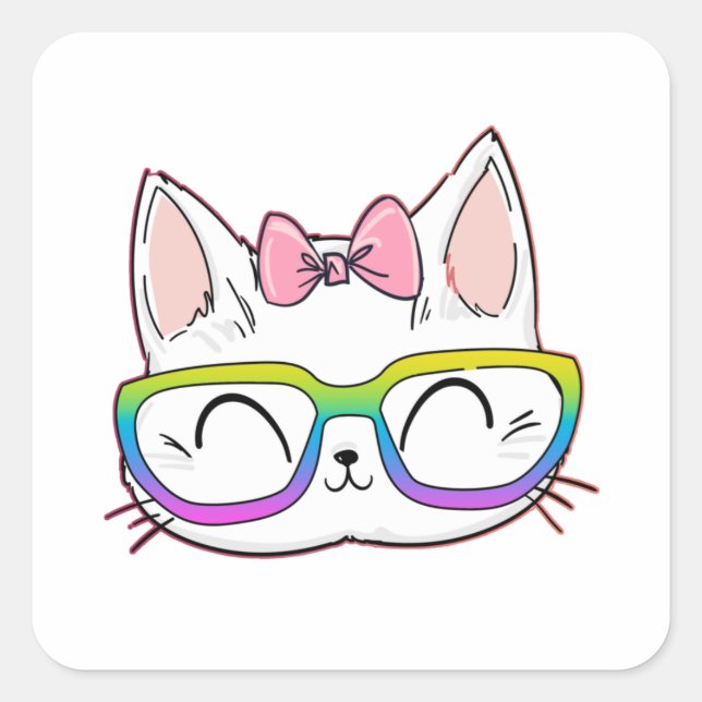 Cute Cat with Glasses Square Sticker (Front)