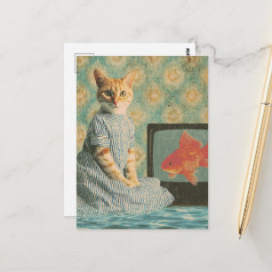 Cute Cat With Goldfish on TV Retro Collage Postcard