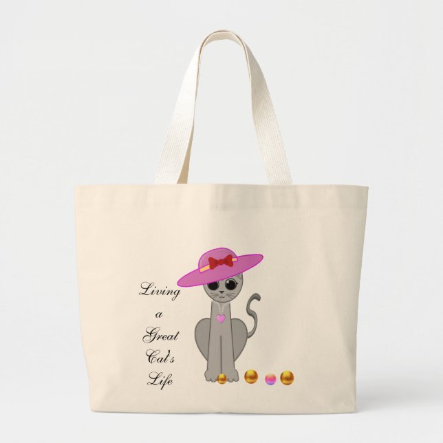 Cute Cat with Hat Large Tote Bag (Front)