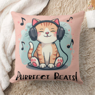 Cute Cat with Headphones Kawaii Music Lover Art Cushion