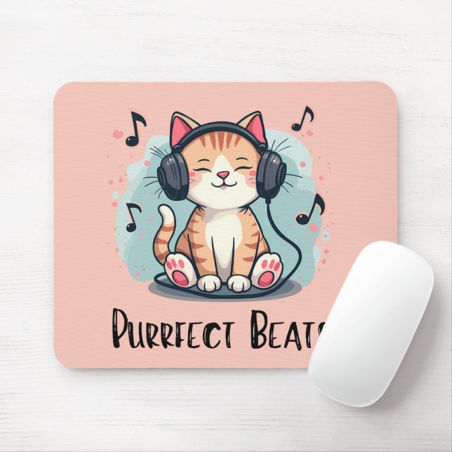 Cute Cat with Headphones Kawaii Music Lover Art Mouse Mat (With Mouse)