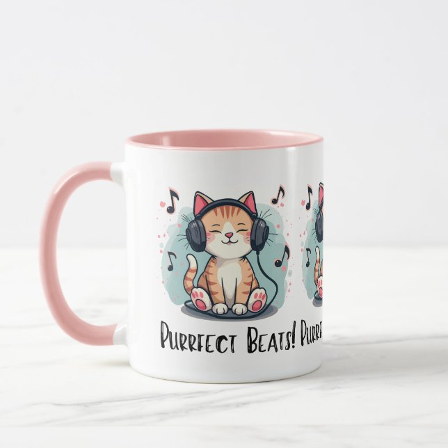 Cute Cat with Headphones Kawaii Music Lover Art Mug (Left)