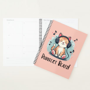 Cute Cat with Headphones Kawaii Music Lover Art Planner