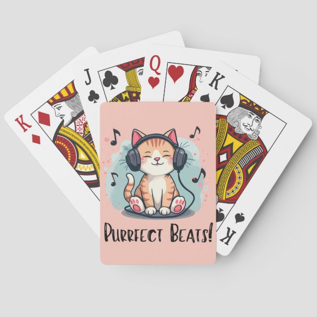 Cute Cat with Headphones Kawaii Music Lover Art Playing Cards (Back)