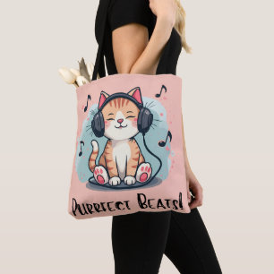 Cute Cat with Headphones Kawaii Music Lover Art Tote Bag