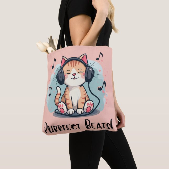 Cute Cat with Headphones Kawaii Music Lover Art Tote Bag (Close Up)