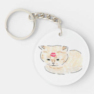 Cute Cat With Lipstick Kiss Mark Hand Drawn Art Key Ring