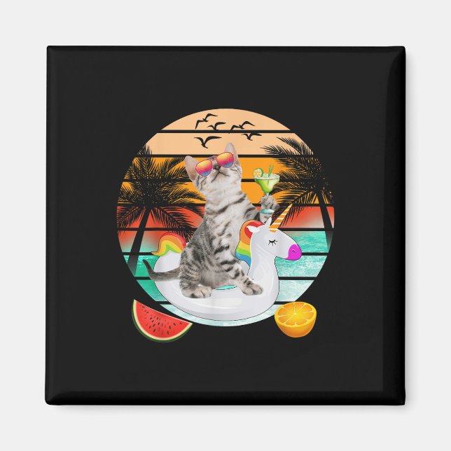 Cute Cat With Margarita &amp; Unicorn Float Kitten Magnet (Front)