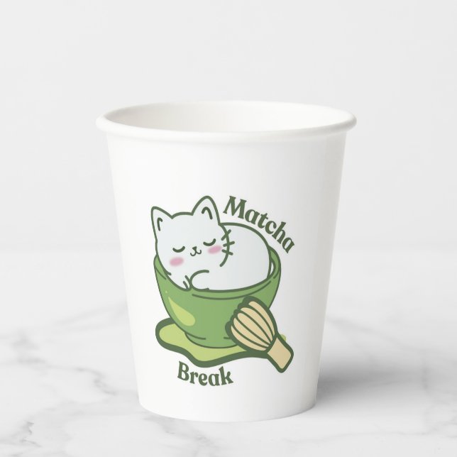  Cute cat with matcha drink Paper Cups (Front)