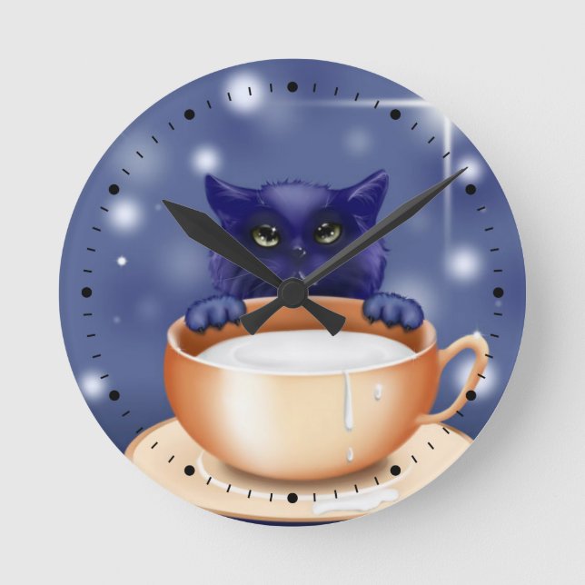 Cute Cat With Milk Round Clock (Front)