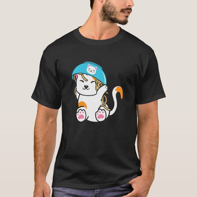 Cute Cat with Noodle Bowl over Head Food Cats T-Shirt (Front)