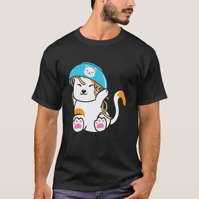 Cute Cat with Noodle Bowl over Head Food Cats   T-Shirt (Front)