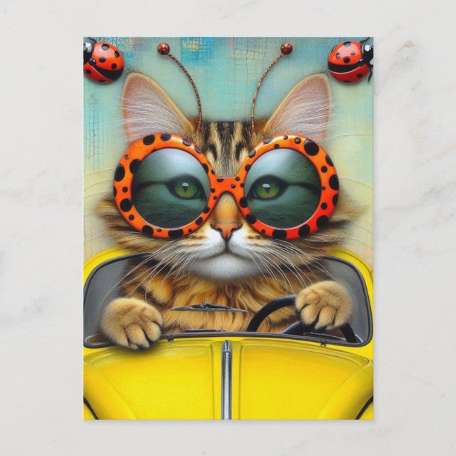 Cute Cat with Polka Dot Sunglasses Driving Car Postcard (Front)