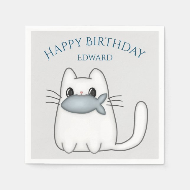 Cute Cat with Prize Fish Napkin (Front)