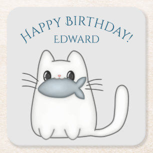 Cute Cat with Prize Fish Square Paper Coaster