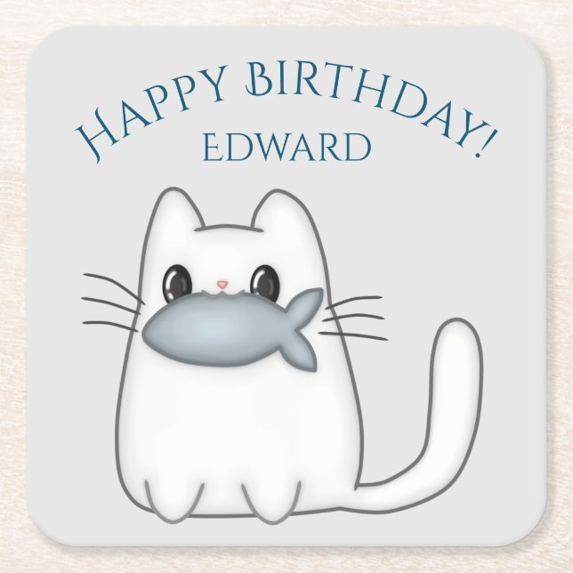 Cute Cat with Prize Fish Square Paper Coaster (Front)