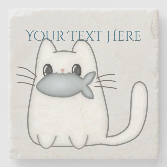 Cute Cat with Prize Fish Stone Coaster (Front)