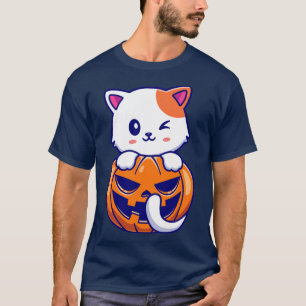Cute Cat With Pumpkin Halloween Cartoon T-Shirt