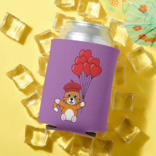 Cute Cat with Red Heart Balloons Can Cooler
