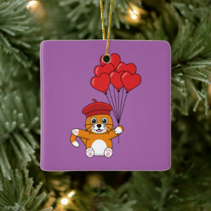 Cute Cat with Red Heart Balloons Ceramic Ornament