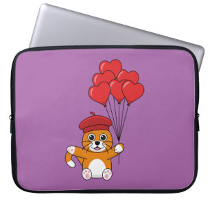 Cute Cat with Red Heart Balloons Laptop Sleeve