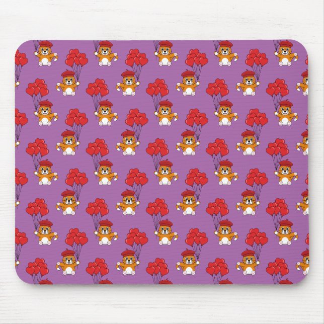 Cute Cat with Red Heart Balloons Mouse Mat (Front)