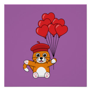 Cute Cat with Red Heart Balloons Poster