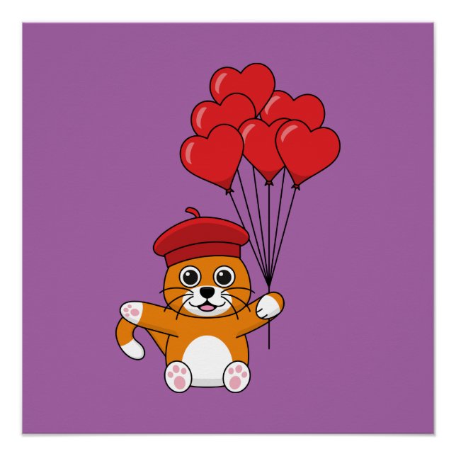 Cute Cat with Red Heart Balloons Poster (Front)