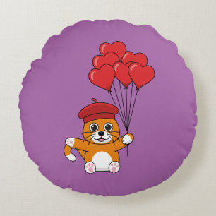 Cute Cat with Red Heart Balloons Round Cushion