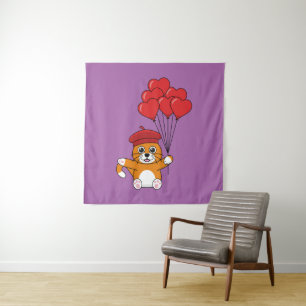Cute Cat with Red Heart Balloons Tapestry