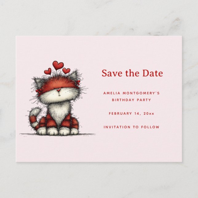 Cute Cat with Red Love Hearts Announcement Postcard (Front)