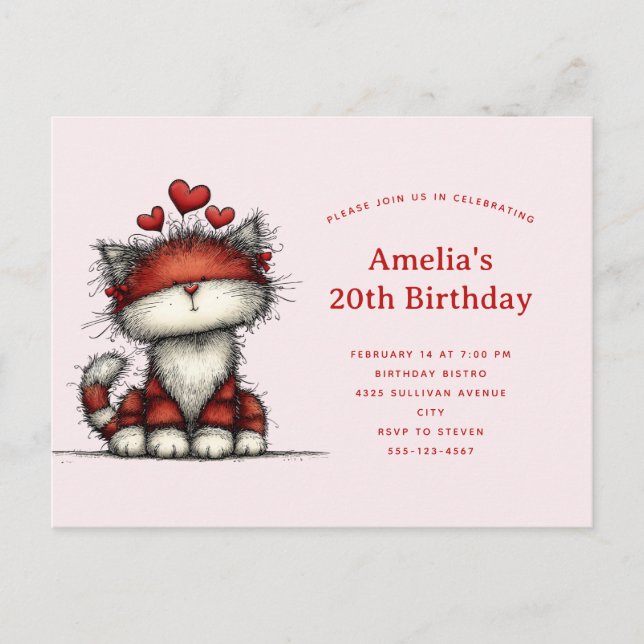 Cute Cat with Red Love Hearts Birthday Invitation Postcard (Front)