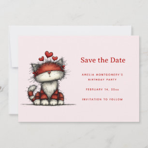 Cute Cat with Red Love Hearts Save The Date