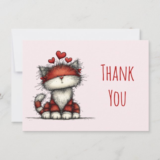 Cute Cat with Red Love Hearts Thank You Card (Front)