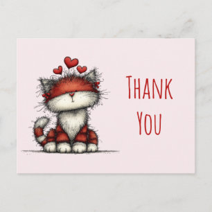 Cute Cat with Red Love Hearts Thank You Postcard