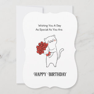 Cute Cat With Roses Flowers Happy Birthday Card