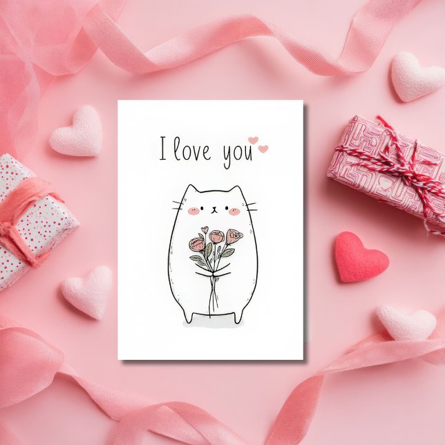 Cute Cat with Roses Valentine`s Day Card  (Creator Uploaded)