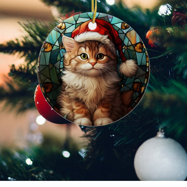 Cute Cat with Santa Cap Stained Glass Christmas  Ceramic Tree Decoration (Creator Uploaded)