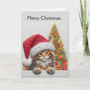 Cute Cat with Santa Hat Christmas Holiday Card