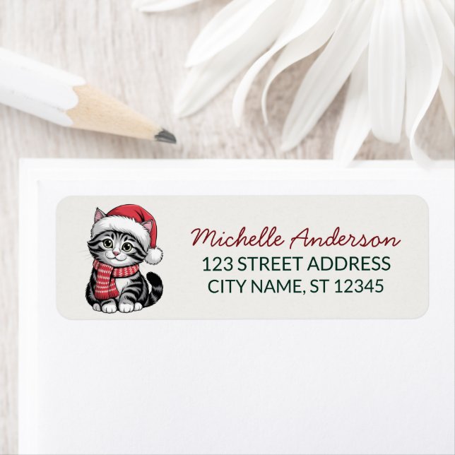 Cute Cat with Santa Hat Christmas Return Address (Insitu)