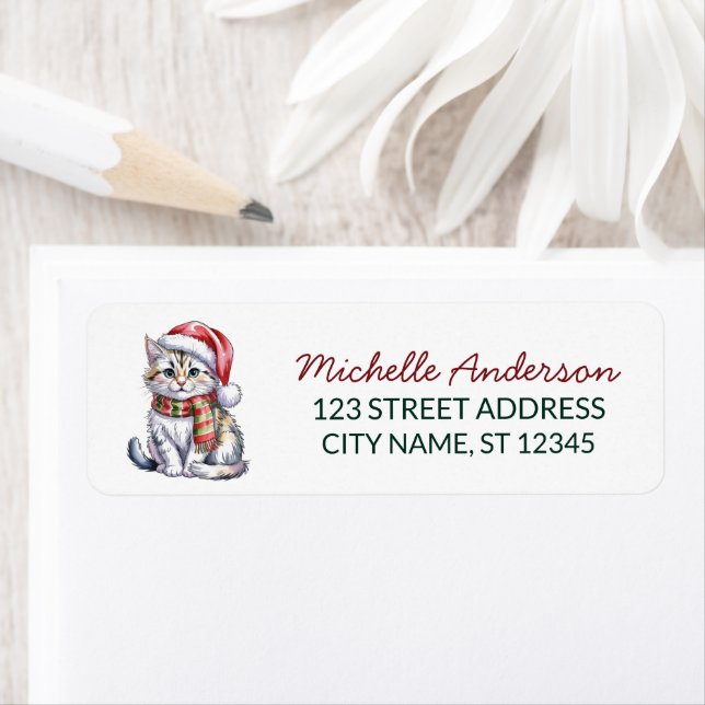 Cute Cat with Santa Hat Christmas Return Address (Insitu)