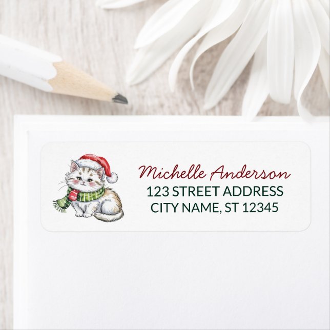 Cute Cat with Santa Hat Christmas Return Address (Insitu)