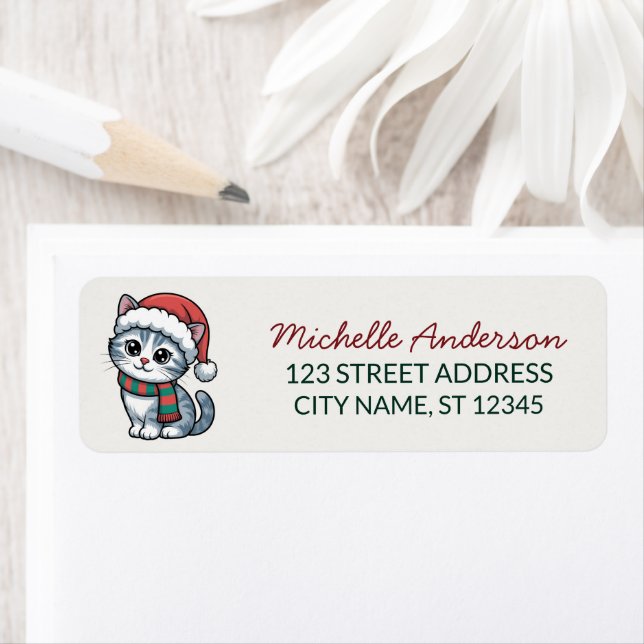 Cute Cat with Santa Hat Christmas Return Address (Insitu)