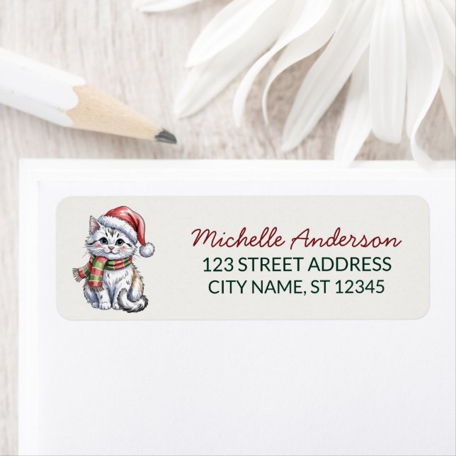 Cute Cat with Santa Hat Christmas Return Address (Insitu)